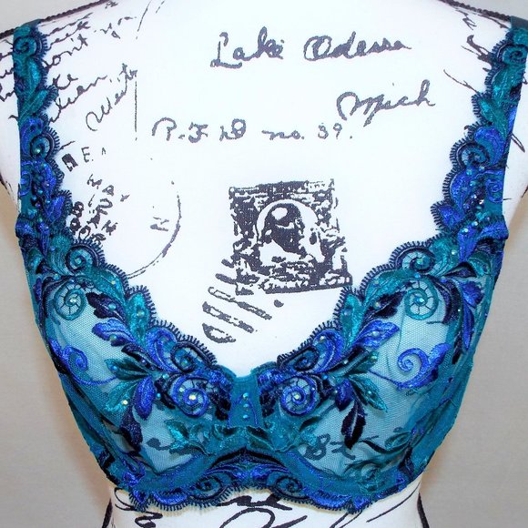 Soma Other - Super Sexy Soma Emerald Green Sheer Lace Embroidered Bra with Rhinestones Sz 36C